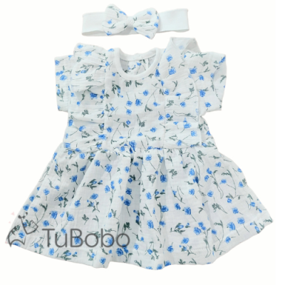 Muślinowa sukienka w niebieskie kwiatuszki+opaska