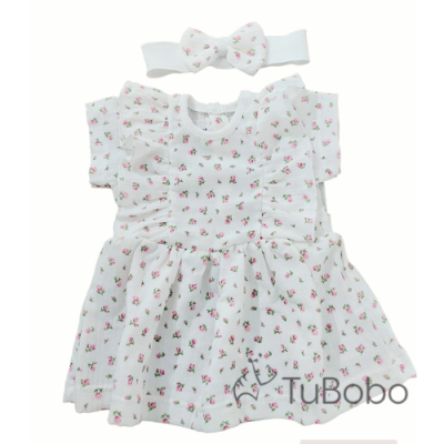 Muślinowa sukienka w różowe kwiatuszki+opaska